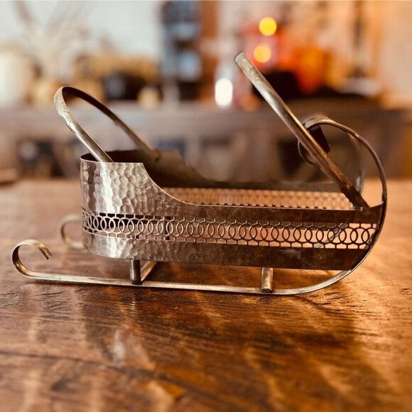 Vintage Hammered Metal Decorative Sleigh Wine Holder - Picture 5 of 7